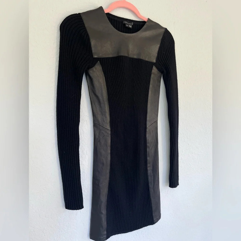 Theory Black Lambskin Leather Trim Long Sleeve Stretch Sweater Dress Size P/TP - Picture 3 of 11
